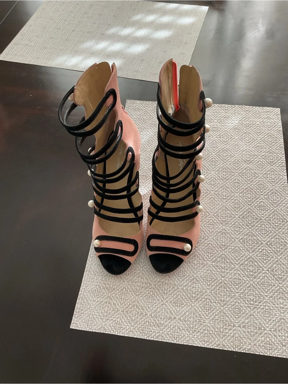 Isa Tapia Pink Suede Pearl‑Embellished High Heel Sandals